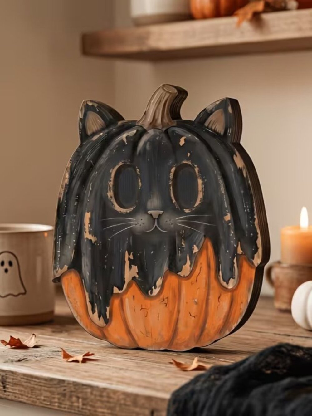 1pc Pumpkin Fridge Magnet Cat Jack-O'-Lantern w Hollow Eyes w Black Paint